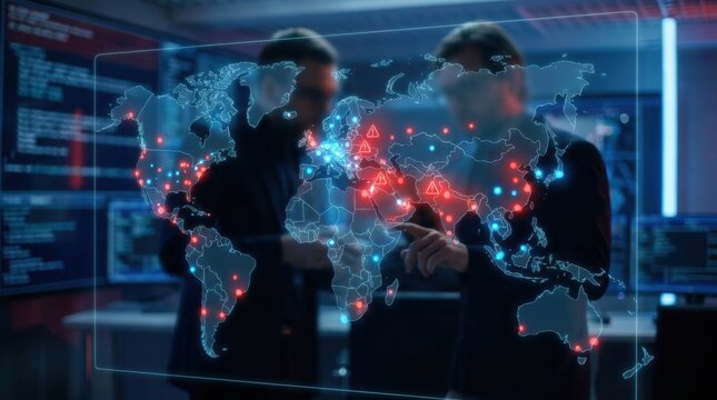 Geopolitical Risk Analysis: Global security specialists visualizing geopolitical risks