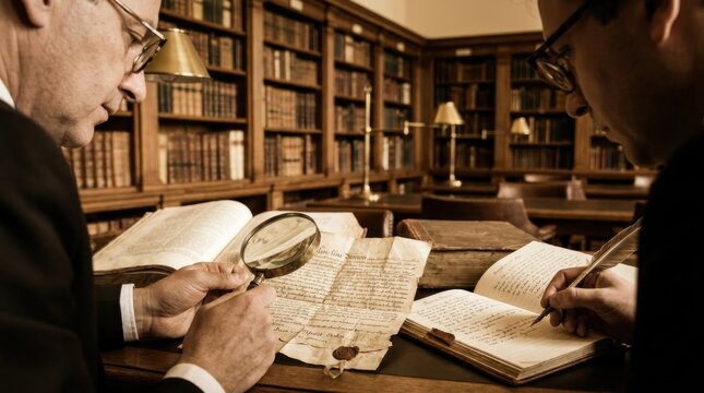 Legal Knowledge Preservation: Legal scholars researching historical documents in a traditional reading room