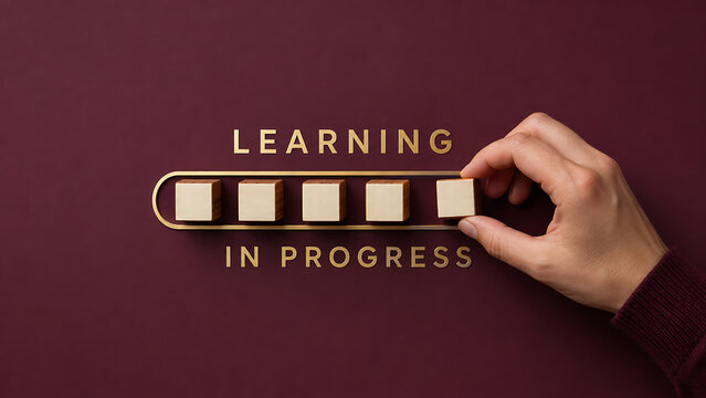 Hand adjusting a learning progress bar on a dark background, representing education, skill development, continuous learning, training and personal growth.