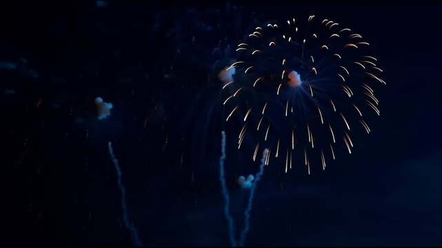 Firework Burst Illuminating Dark Night Sky with Golden Sparks, Smoke and Glowing Bokeh Circles