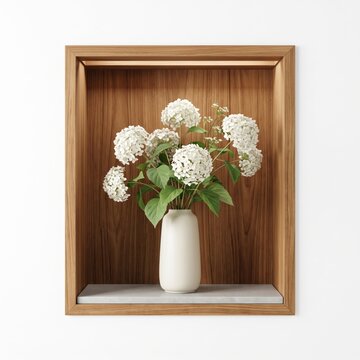 White hydrangea flowers in a ceramic vase inside a wooden frame wall art isolated on white background