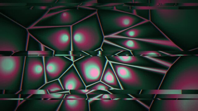 Seamless 3d loop animation in glitch neon style, featuring abstract voronoi polygon mosaic with chromatic aberration and scanline distortion.