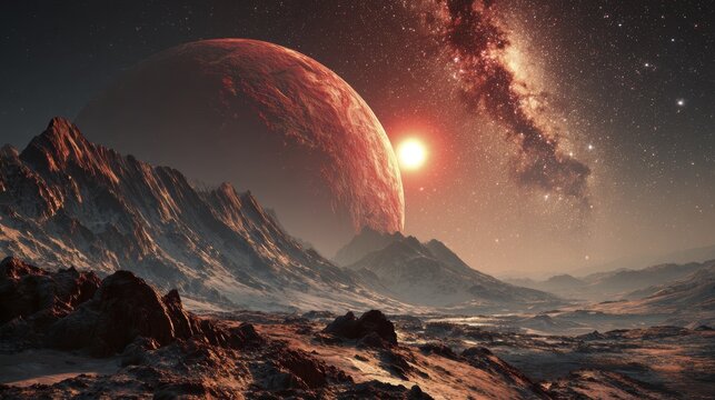 Majestic red planet with stunning milky way and surreal alien landscape