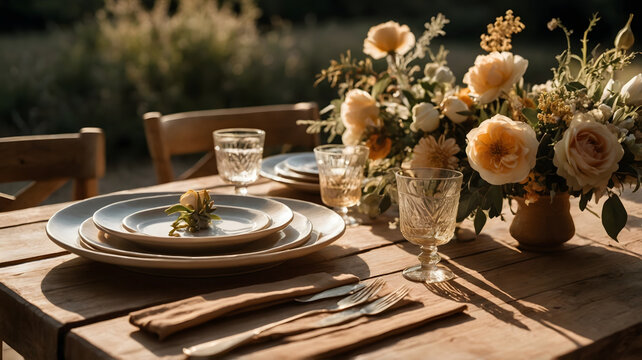 Elegant outdoor dinner table setting with flowers