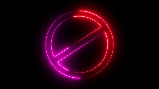 Glowing neon warning line ban icon animation. Wrong sign symbol on black background.