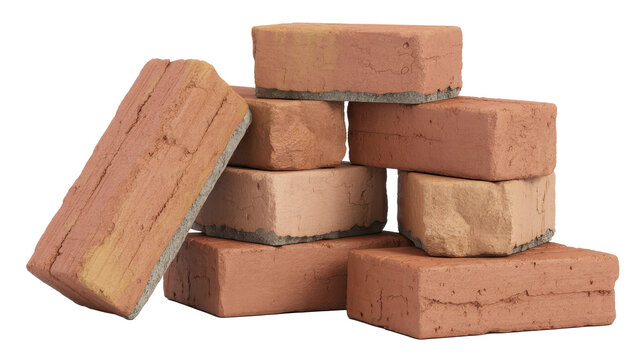 A stack of red clay bricks arranged in a pile on a white background, showing textured surfaces and rectangular construction