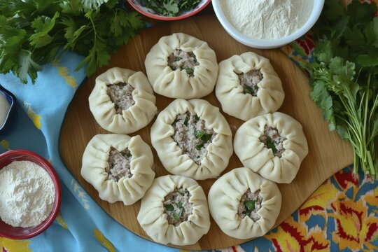 Traditional meat dumplings on wooden board surrounded by fresh herbs and flour