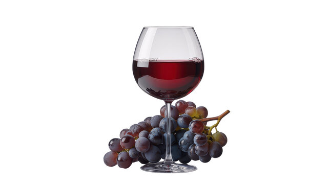 A stemmed glass containing rich red wine sitting beside a bunch of fresh dark grapes on a white background, showing a classic food pairing