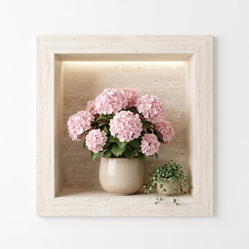 Beautiful pink hydrangea flowers in a simple ceramic vase on a shelf isolated on white background