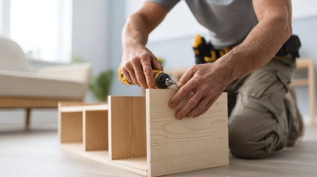 Skilled carpenter assembling wooden shelf with drill in bright home workshop