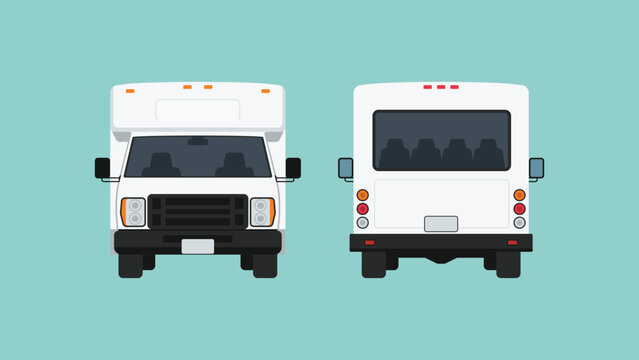 Modern shuttle bus front and rear view with passenger windows and compact body for hotel, airport, community, and local transportation, flat vector illustration