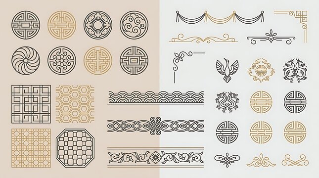 Set of traditional chinese decorative elements, patterns, borders, and symbols for oriental design projects