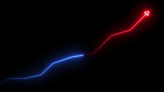 Neon Business chart icon isolated . business chart growth concept black background 4k.Zigzag up right arrow