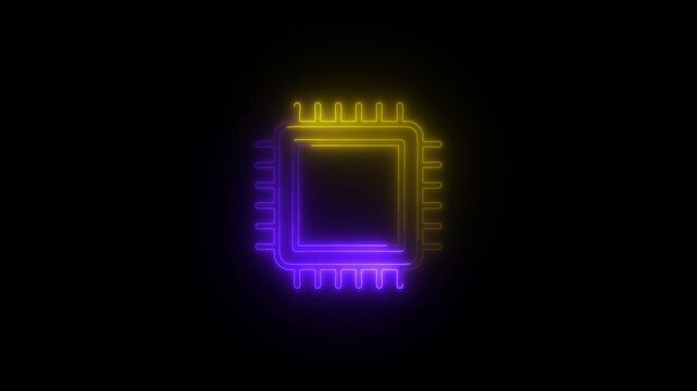 Neon Integrated Circuit Diagram Glow Animation, Futuristic Microchip Outline with Pulsing Electric Connections, Vibrant Multicolor PCB Tech Design on Black Background