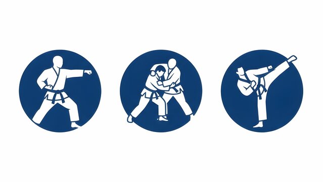 Blue martial arts icon set showing karate stances, grappling, and kicking techniques