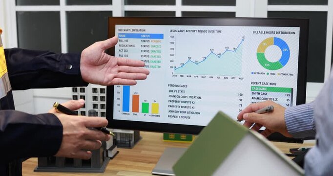 Business team reviews financial charts and reports on a desktop monitor in a modern office, with hands pointing at data and architectural models nearby.
