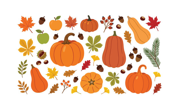 Autumn seasonal vector element set with flat icons of pumpkins squash apples acorns and fall foliage