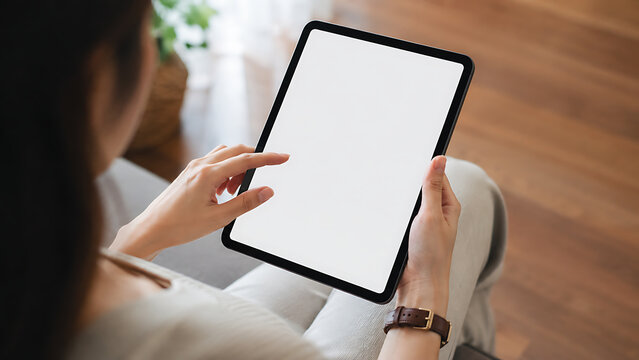 Woman touching blank tablet screen at home, vertical device mockup with white display for mobile app, website, online service and digital content advertising.