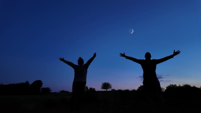 Amateur astronomers enjoying night sky with stars, planets, Moon eclipse and other celestial objects.