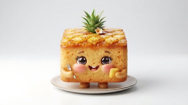 Cute cartoon pineapple cake character with a happy face holding a fork on a white background