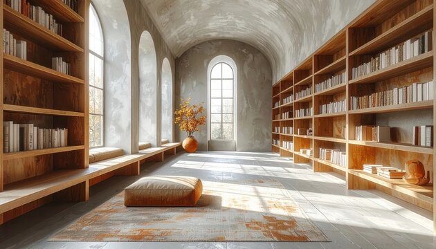 Grand historic library interior featuring tall wooden bookshelves large arched windows and a sunlit reading room