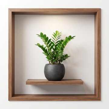 Green zamioculcas plant in a dark pot sitting on a wooden shelf inside a square wooden frame isolated on white background