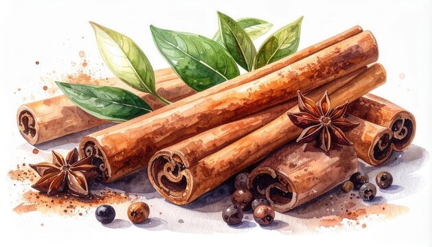 Clean modern watercolor illustration featuring dried cinnamon sticks and star anise spices with green leaf accents