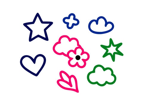 A collection of colorful hand-drawn icons including a star, heart, clouds, flower, and leaf. The icons are in various colors like blue, pink, and green
