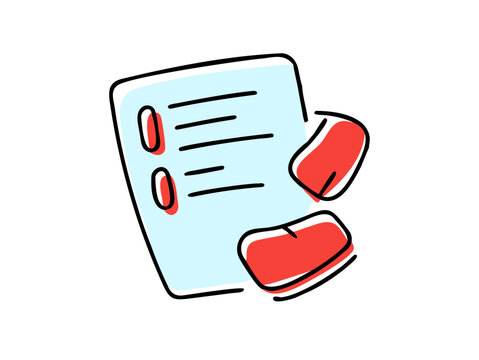 A simple illustration of a list with two checkboxes and some lines of text. The list is being held by hands wearing red gloves