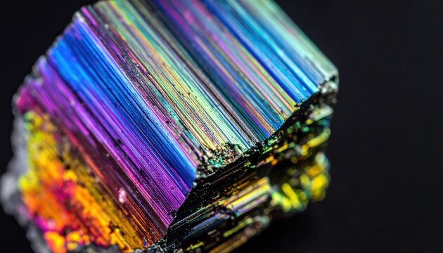 Macro view of bismuth crystal showing complex metallic geometric structure and brilliant iridescent rainbow color spectrum
