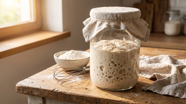 Sourdough starter in a jar on a wooden table with flour nearby  