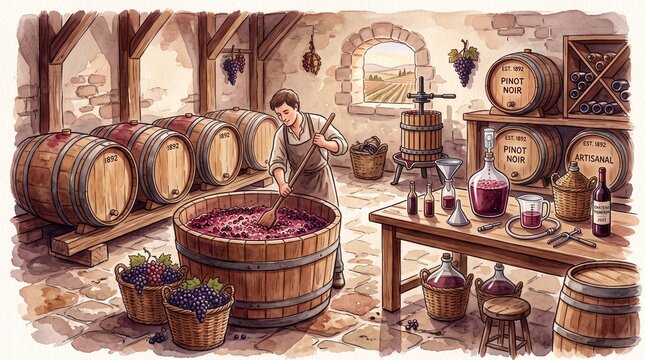 Vineyard worker stomping grapes in rustic wine cellar  