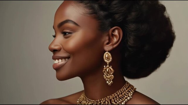 Black woman portrait with smile, gold jewelry, elegant hairstyle, braided hair, and earrings