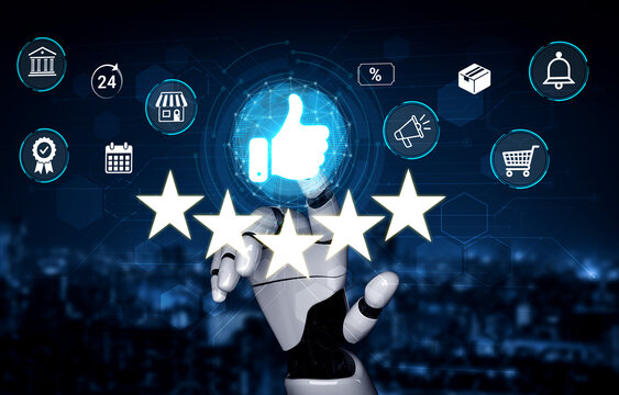 Futuristic Robot Hand Interacting with Digital Feedback Icons and Ratings in a Technology-Controlled Environment. Sentient.