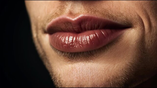 Closeup of bearded male mouth with glossy lips, stubble, pursed expression, and subtle facial
