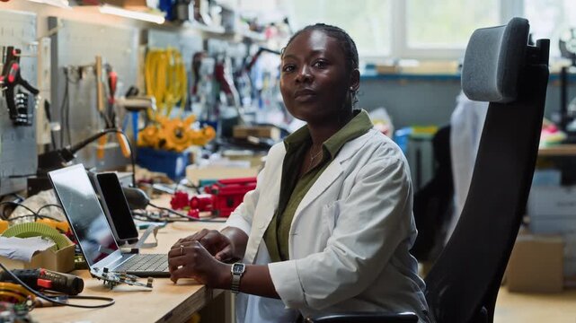 Portrait of African American young adult woman engineer typing on laptop in robotics workshop, turning to look at camera. Footage is perfect for STEM education and technology diversity campaigns