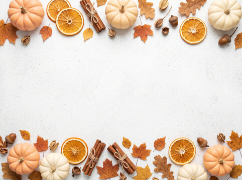 Autumn flat lay frame with copy space on white background. Top and bottom borders featuring pastel pumpkins, dried orange, and cinnamon sticks. Clean seasonal background.