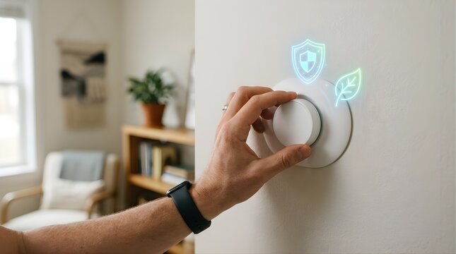 Person adjusting smart home thermostat with digital eco protection icons