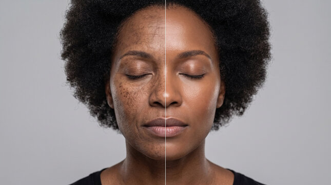Split face portrait of an African woman with eyes closed showing before and after skincare. Left side displays wrinkles and pigmentation, while the right side reveals smooth, youthful skin.