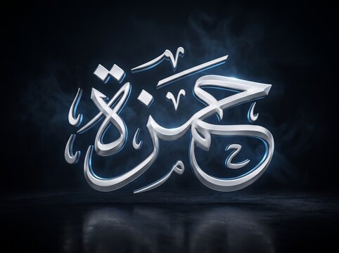 3D metallic silver Arabic calligraphy of the name Hamza rendered in classic Thuluth script, featuring a bright blue edge glow against a dark smoky background with subtle blue reflections.