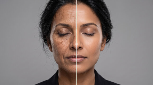 Split face portrait of an Indian woman with closed eyes showing before and after skincare effects. Left side displays wrinkles and pigmentation, right side reveals smooth, youthful skin.