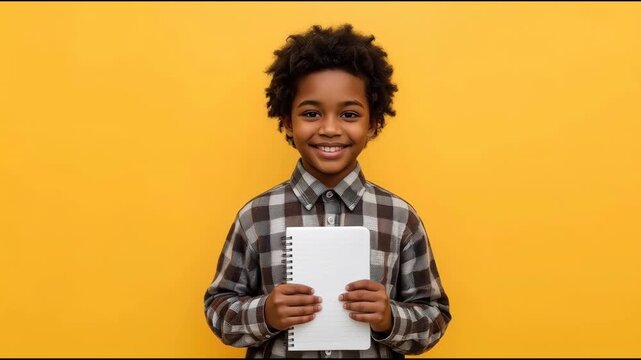 African Child Holding Blank Notebook with Cheerful Expression Against Yellow Background