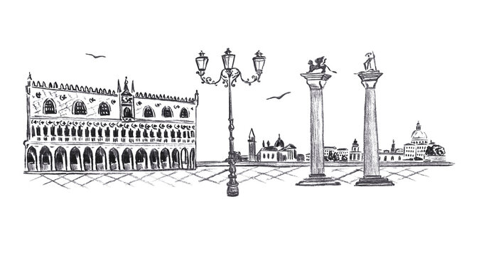 Hand drawn charcoal sketch of Venice waterfront with Doge Palace and Saint Mark columns, isolated on white background. Black monochrome Italian architecture illustration for travel design, decor