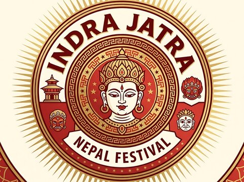 Indra jatra nepal festival emblem design with traditional deity face, temple architecture, and cultural masks in a circular ornate frame, vector illustration