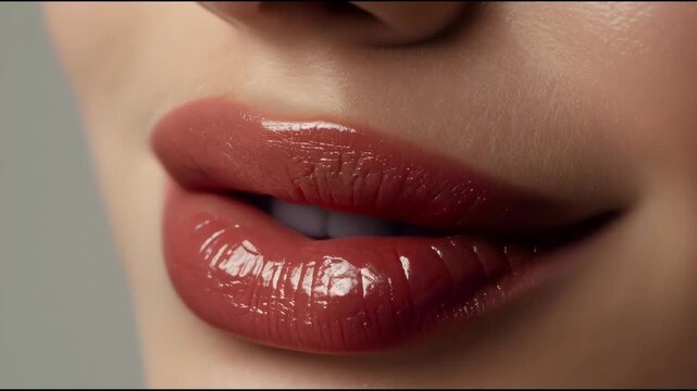 Glossy Red Lipstick on Glossy Lips Closeup with Smooth Skin and Soft Beauty Lighting