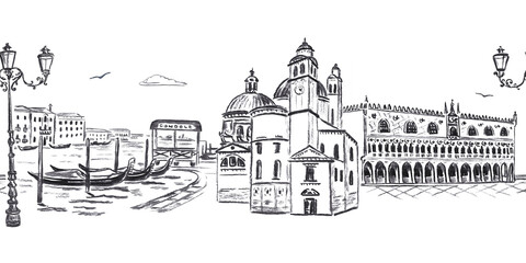 Hand drawn charcoal sketch illustration of Venice seamless border pattern with Doge Palace, Santa Maria della Salute church, Grand Canal and gondolas. © Mariia