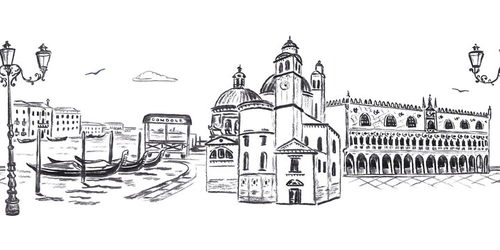 Hand drawn charcoal sketch illustration of Venice seamless border pattern with Doge Palace, Santa Maria della Salute church, Grand Canal and gondolas.