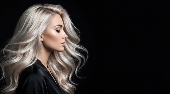 Beautiful Woman with Long Wavy Blonde Hair Posing in Profile.