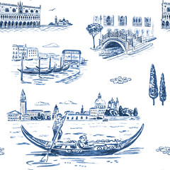 Seamless pattern hand drawn watercolor sketch illustration of Venice with gondola, gondolier, Doge palace, canal bridge and blue Italian architecture. © Mariia