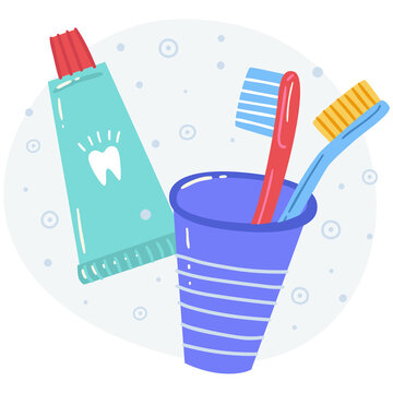 Toothpaste tube and two toothbrushes in a cup. Colorful flat illustration suitable for dental care, hygiene, bathroom, healthcare and children&rsquo;s educational designs.